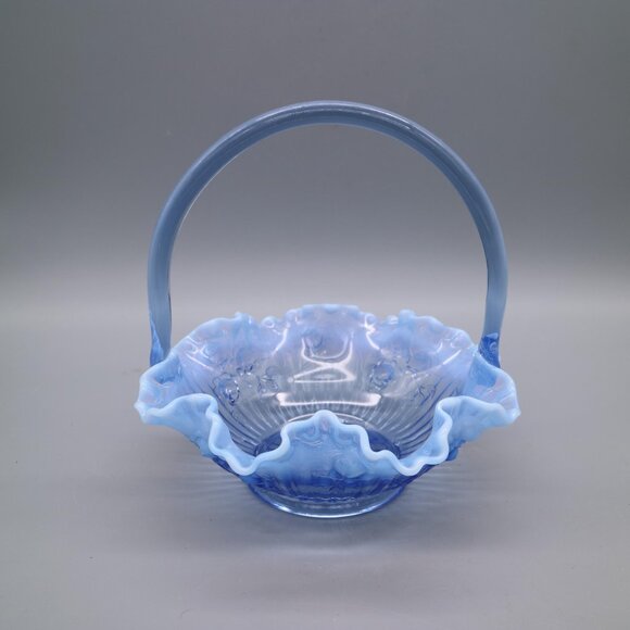 Fenton Glass Bride Basket Raffled Lavender Blue Opalescent Cabbage Rose Vintage - Picture 1 of 8